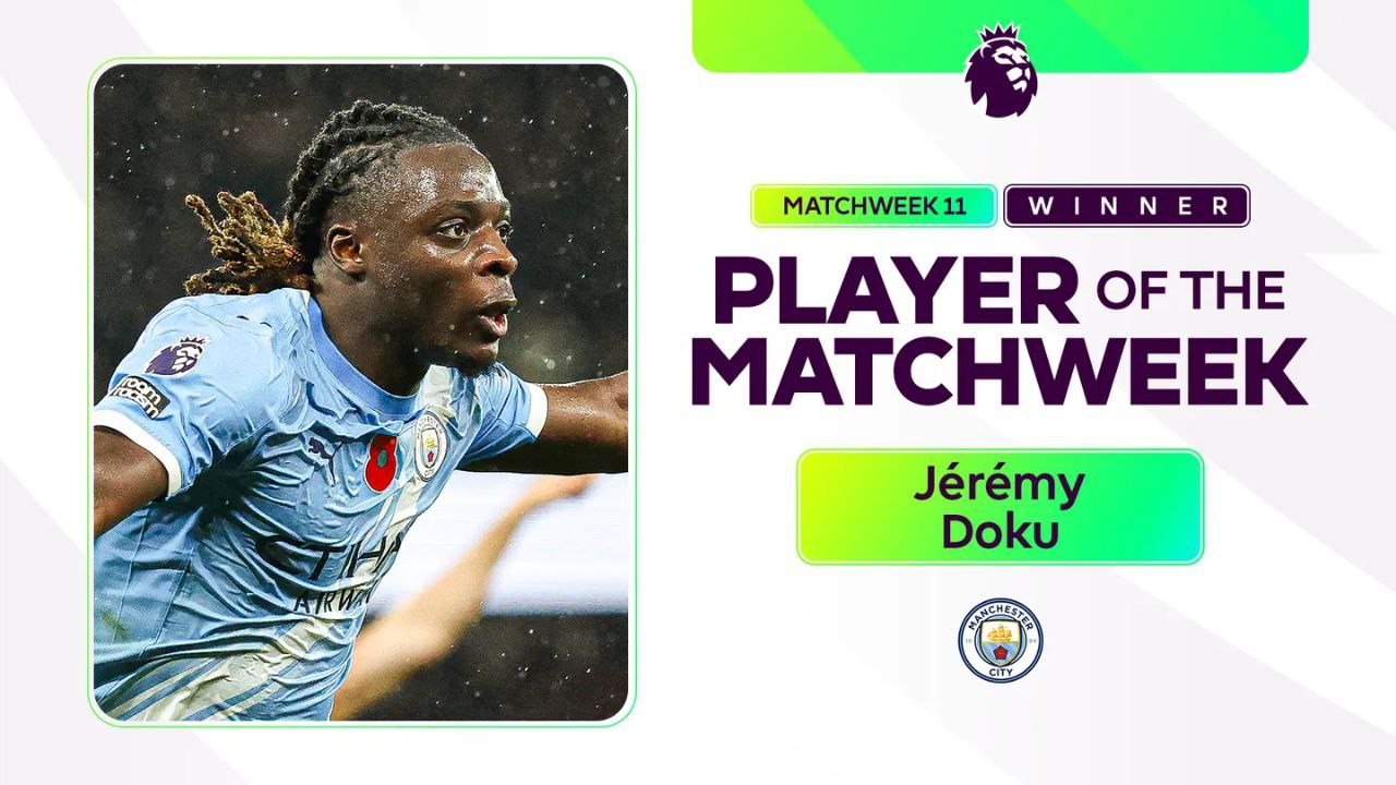 ပရီးမီးယားလိဂ်ပွဲစဉ်(၁၁)ရဲ့ အကောင်းဆုံးကစားသမားဆုကို မန်စီးတီးတောင်ပံကစားသမား ဒိုကူရရှိ